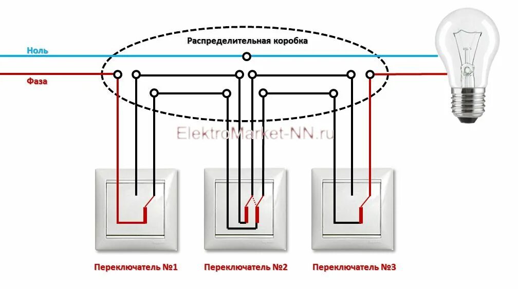 Подключение двухклавишных проходных переключателей с трех точек Проходной Выключатель На 3 Точки Схема Подключения - tokzamer.ru Схемотехника, С