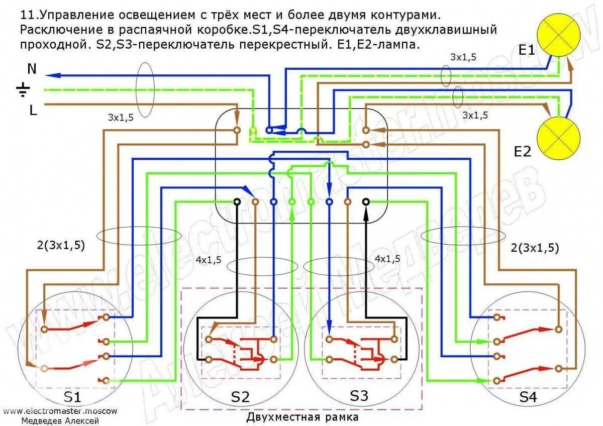Подключение двухклавишных проходных переключателей с трех точек Схема подключения проходного выключателя: Инструкция