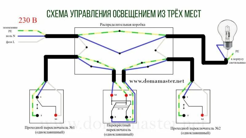 Подключение двухклавишных проходных переключателей с трех точек Проходной Выключатель На 3 Точки Схема Подключения - tokzamer.ru Схемотехника, С