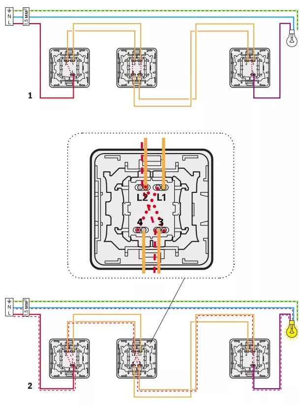 Подключение двухклавишный переключателя с трех точек Управление освещением из нескольких мест. Виды, схема управления светом из неско