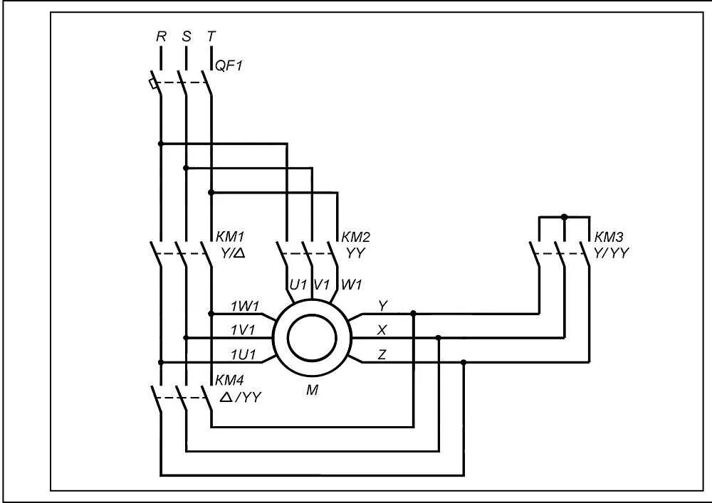 Подключение двухскоростного двигателя 380 Схема реверс звезда треугольник
