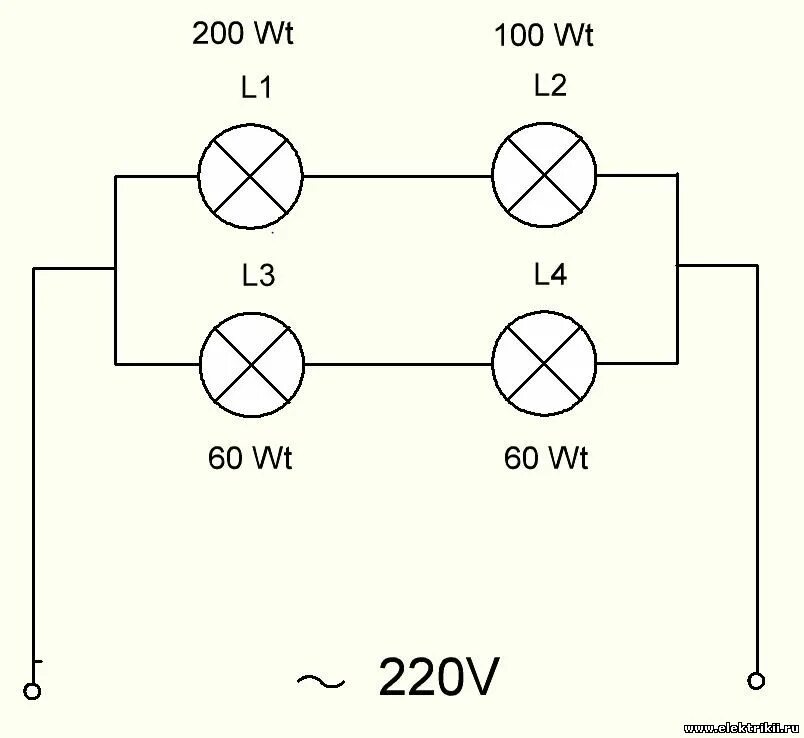 Подключение эл лампочки схема Схема 4 лампочек