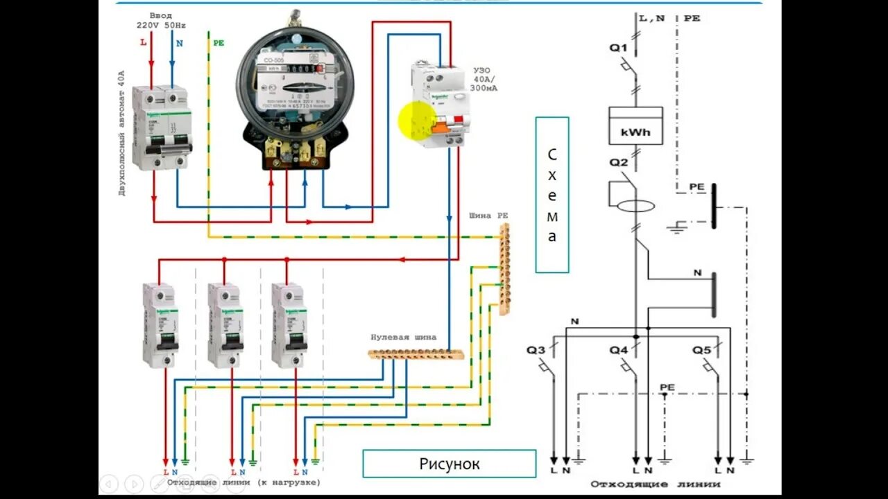 Подключение эл счетчика однофазного схема Схема подключения однофазного счетчика - YouTube