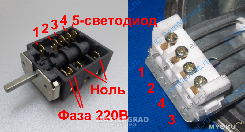 Схема подключения конфорки с 4 контактами