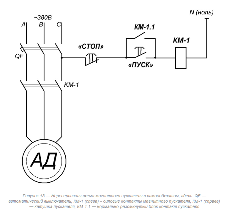 Подключение электродвигателя через пульт управления на схеме Схема кнопка пускатель двигатель