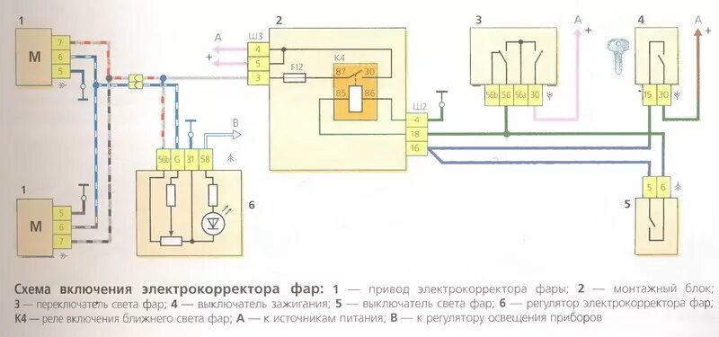 Подключение электрокорректора фар Схема включения электрокорректора фар