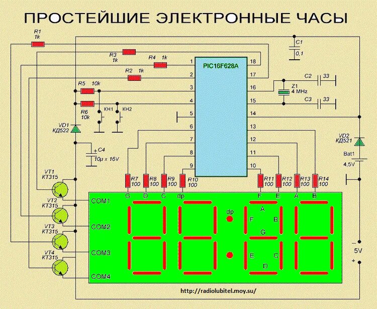 Подключение электронных часов к телефону Простые электронные часы на PIC16F628A - 26 Декабря 2014 - Блог - РАДИОЛЮБИТЕЛЬ