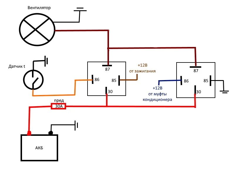 Подключение электровентилятора через реле Схема подключения вентиляторов с дополнительным реле на кондиционер - Toyota Cha