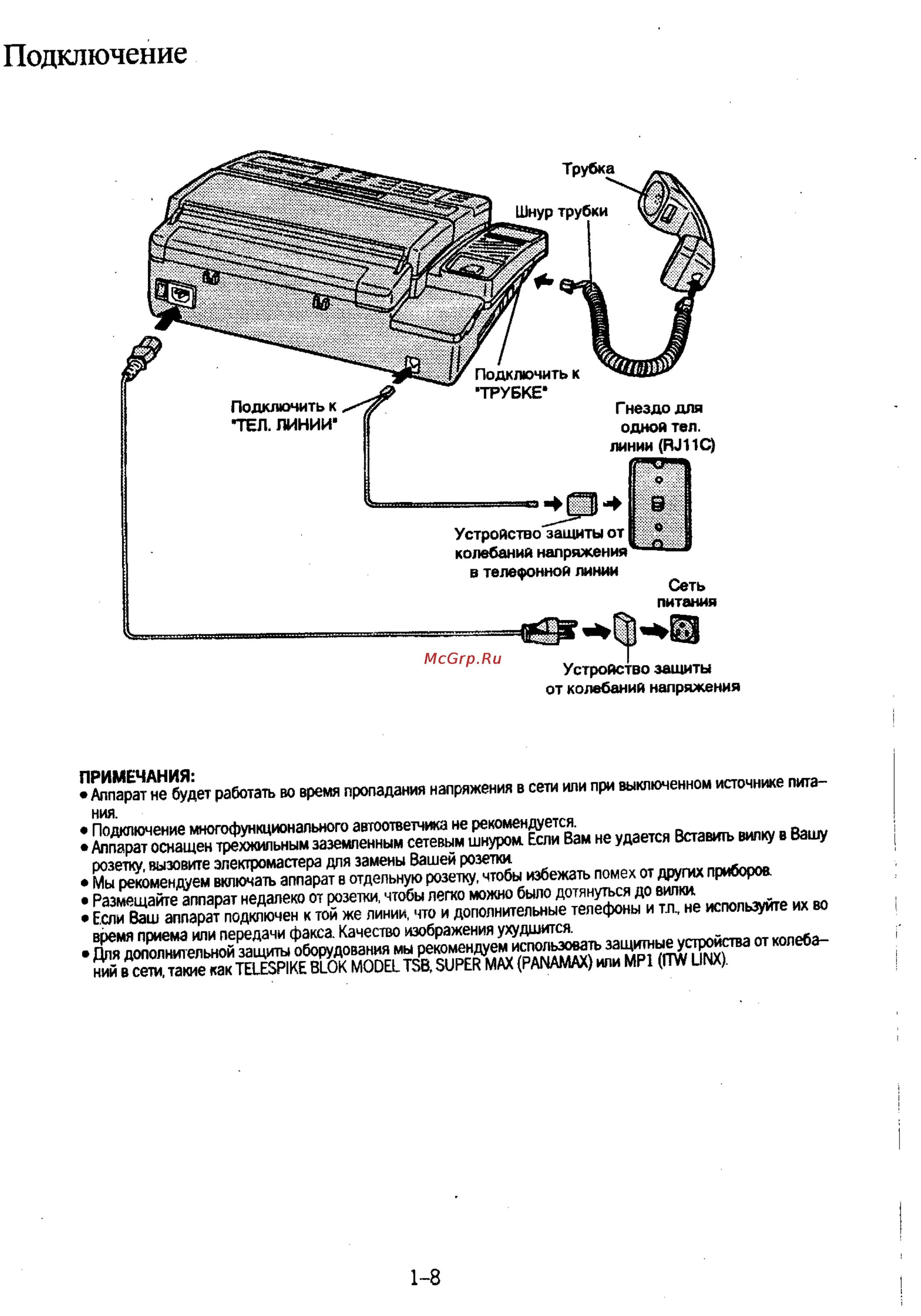 Подключение факса к компьютеру Panasonic KX-F130 16/125 Подключение