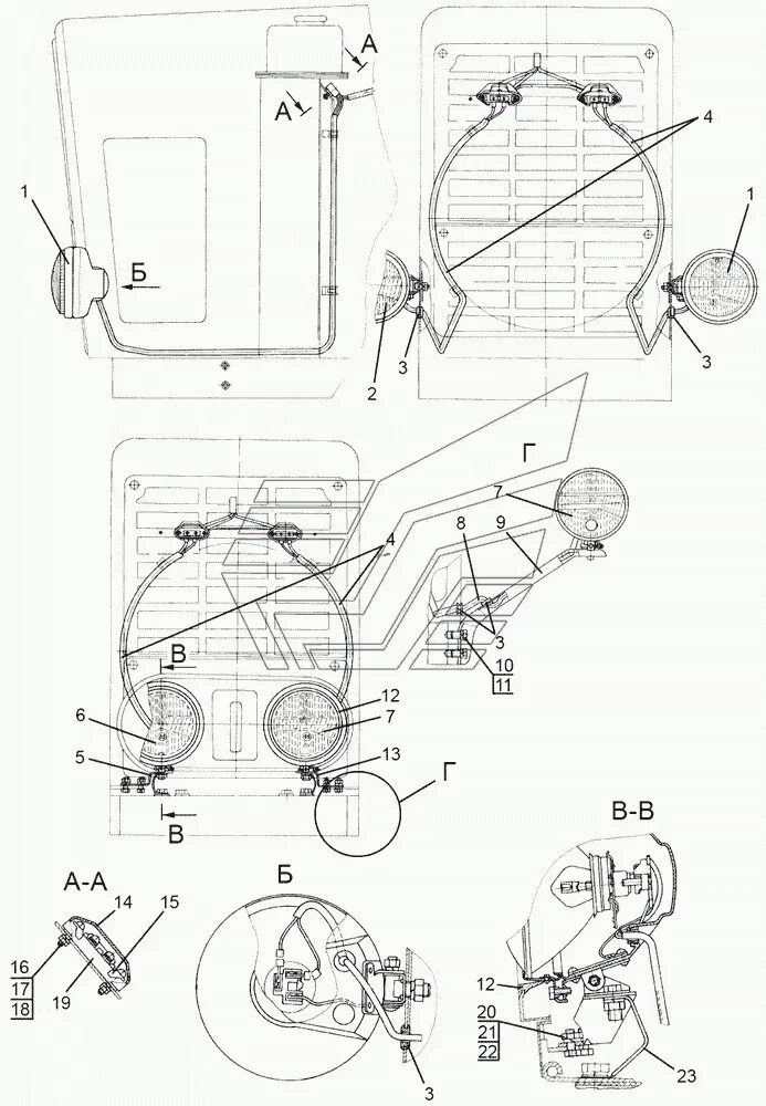 Подключение фар мтз 80 Установка фар дорожных. Фары на кронштейнах. МТЗ-1221.4 (Чертеж № 69: список дет