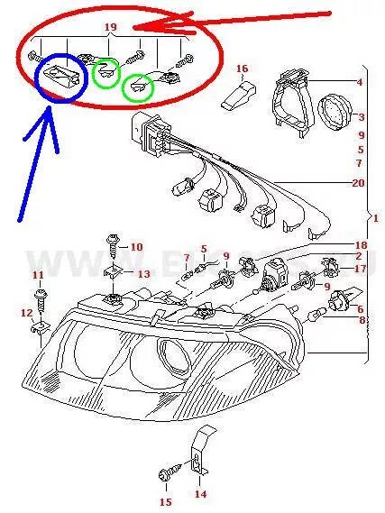 Подключение фар пассат б5 Ремкомплект креплений фар - Volkswagen Passat B5, 1,8 л, 2003 года расходники DR