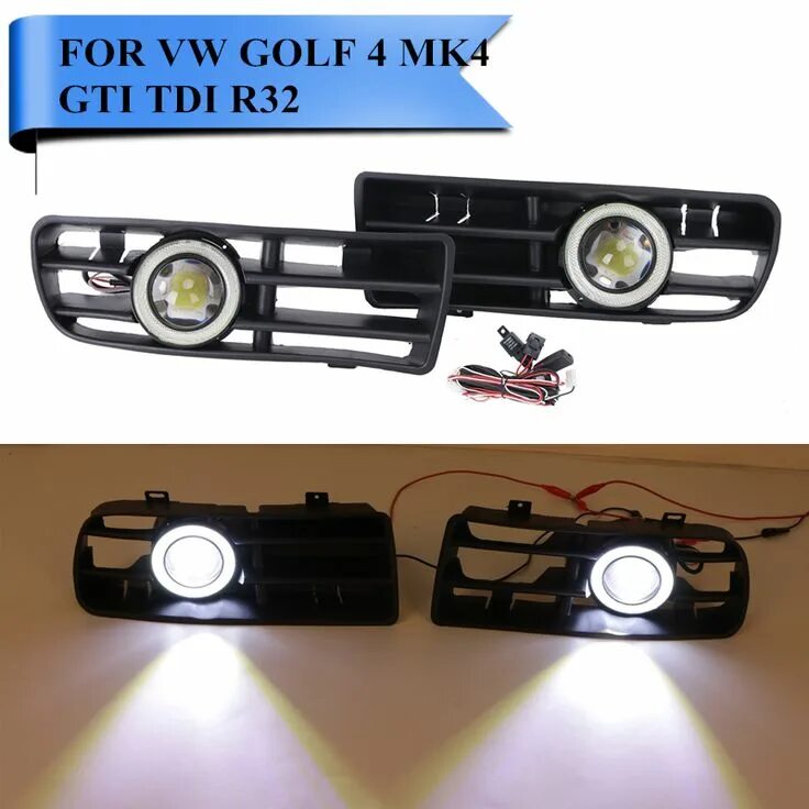 Подключение фар с противотуманными фарами гольф 4 LED Fog Lights Angel Eyes Front Bumper Grille Grill Cover with Wiring Foglight K