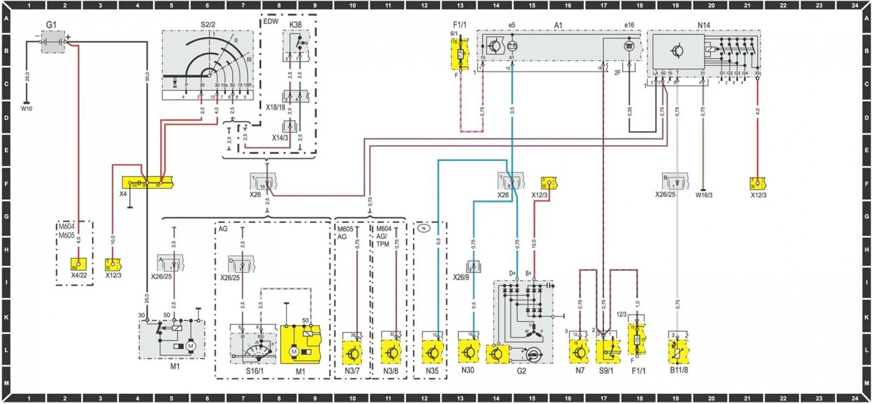 Подключение фар w164 Wiring diagram of starter, generator, battery (DD 601 / 604 / 605) (Mercedes-Ben