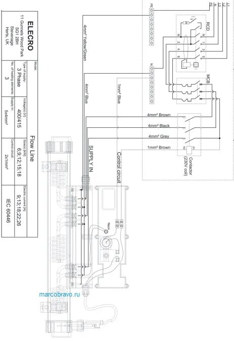 Подключение flowline 2 Электронагреватель Elecro 12 kw 400v 8T3AB MarcoBravo