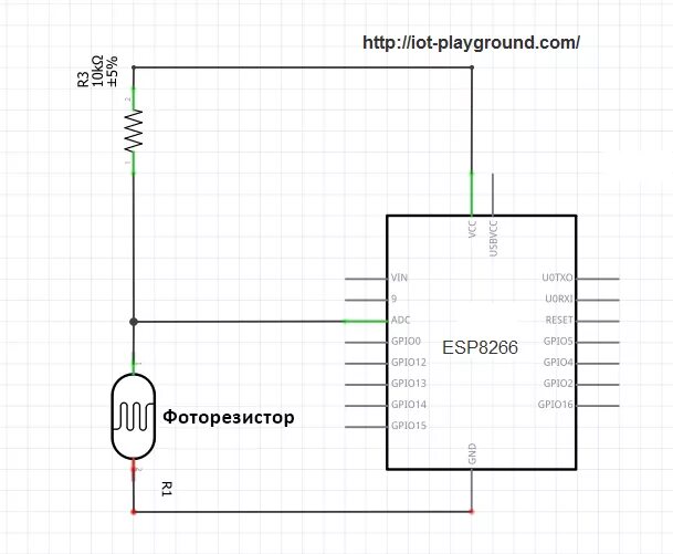 Подключение фото резистора Файл:ESP826-light-sensor-schematic.png / Онлайн справочник - wikihandbk.com