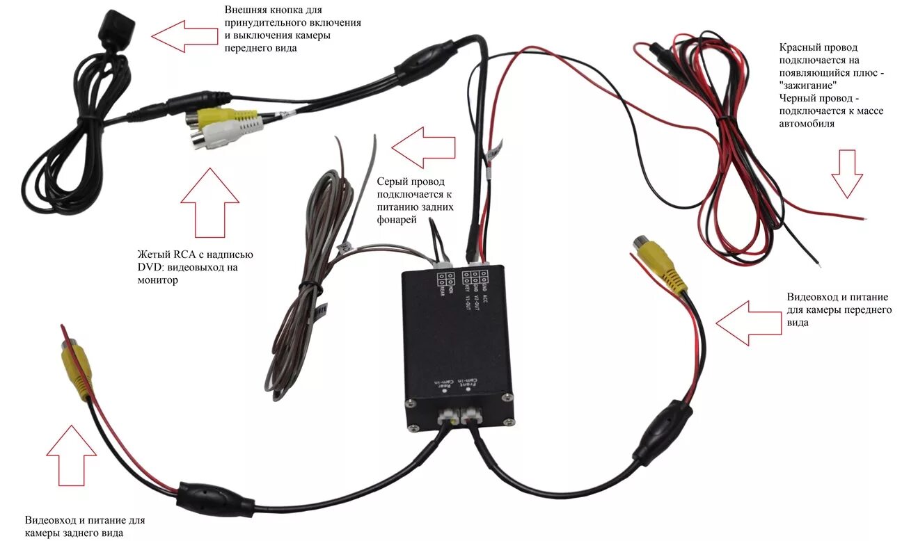 Подключение фронтальной камеры к головному устройству Блок переключения камер Redpower SwitchCam