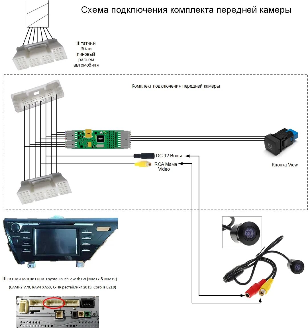 Подключение фронтальной камеры к головному устройству Комплект для подключения передней камеры - Toyota Camry (XV70), 2,5 л, 2018 года