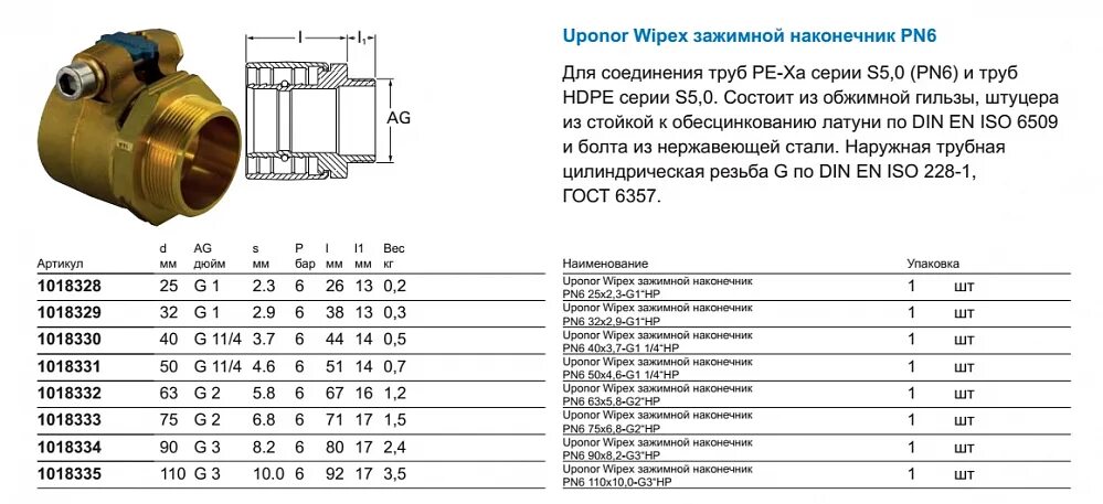 Подключение g1 2 Зажимной наконечник Uponor WIPEX ЗАЖИМНОЙ НАКОНЕЧНИК PN6 40X3,7-G1 1/4 НР купить