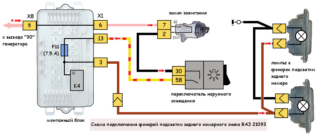 Подключение габаритов ваз 2109 Подсветка заднего номерного знака ВАЗ 2108, 2109 схема