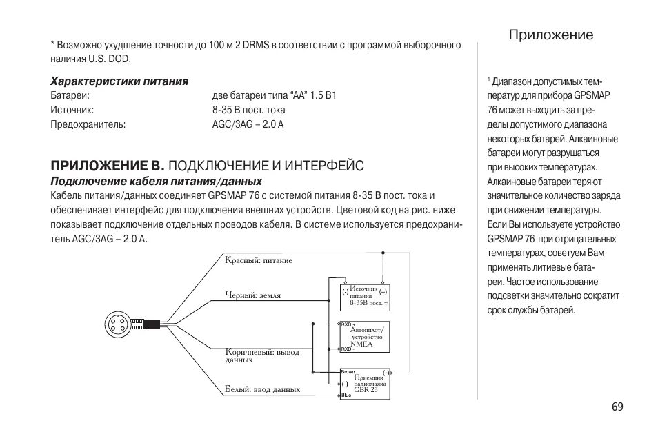 Подключение гармин 4 Приложение в. подключение и интерфейс, Приложение, Характеристики питания Инстру