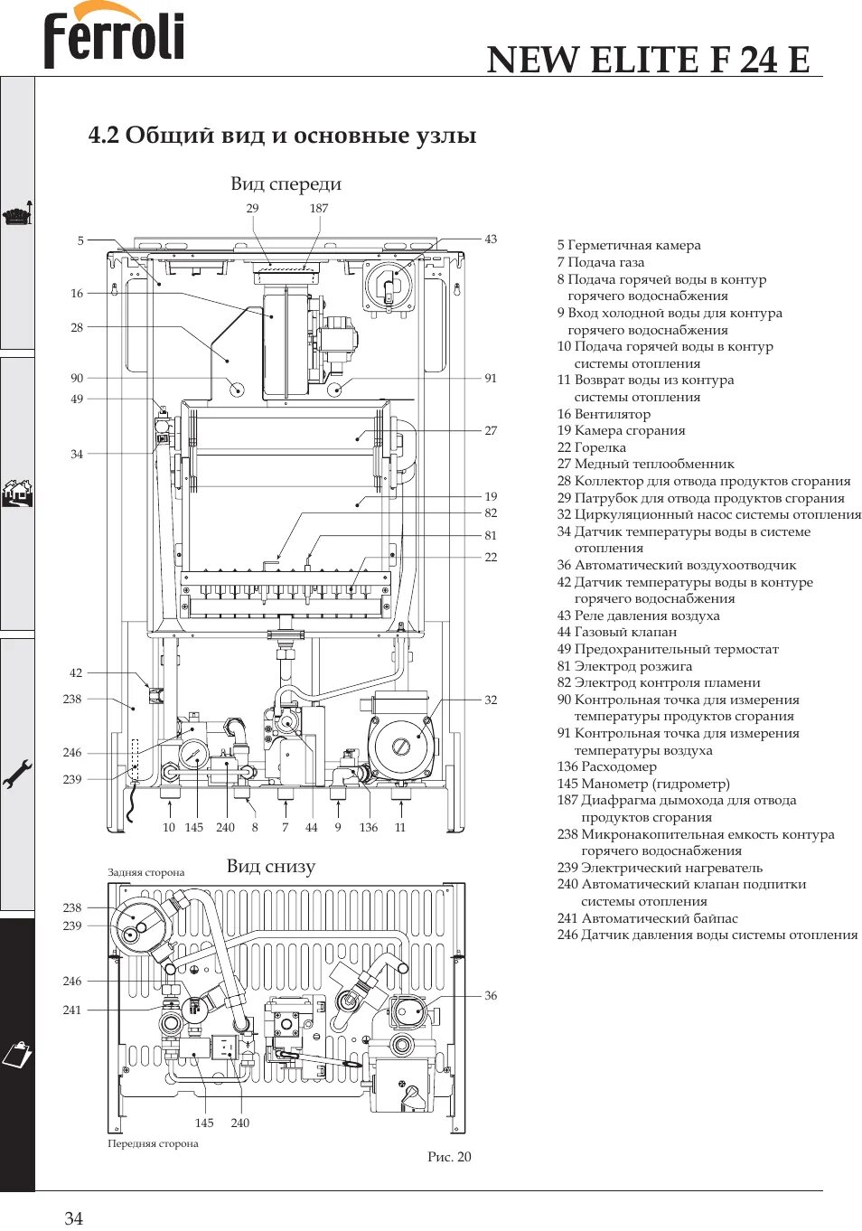 Подключение газового котла ферроли 24 New elite f 24 e, 2 общий вид и основные узлы, Вид спереди вид снизу Инструкция 
