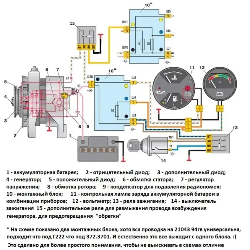 Подключение генератора 21 0 9 Схема подключения генератора ВАЗ 2107, 2106, 2105, 2101, 2110, 2109, Нива и т.д.