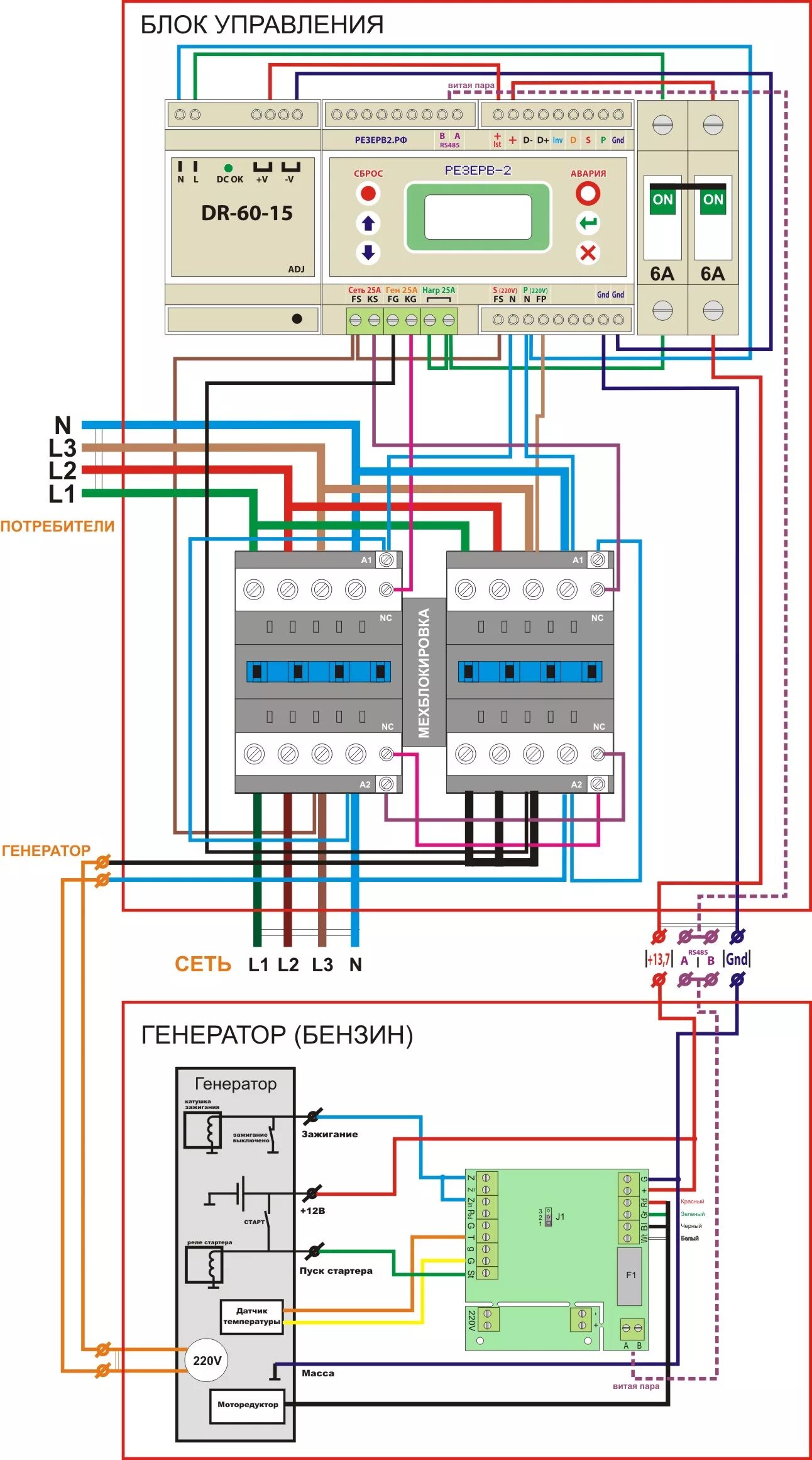 Подключение генератора 220 к сети 380 схема Подключение бензинового генератора для резервирования 3-х фазной сети