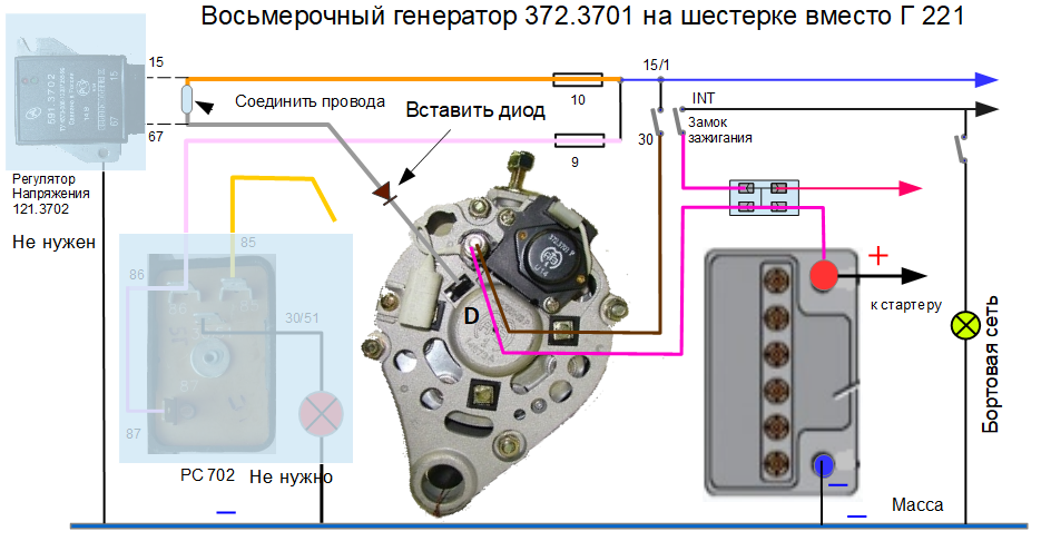 Подключение генератора 5101.3701 01 Восьмерочный генератор 372.3701, ставим вместо Г221 на "шестерку" - Схемы автомо