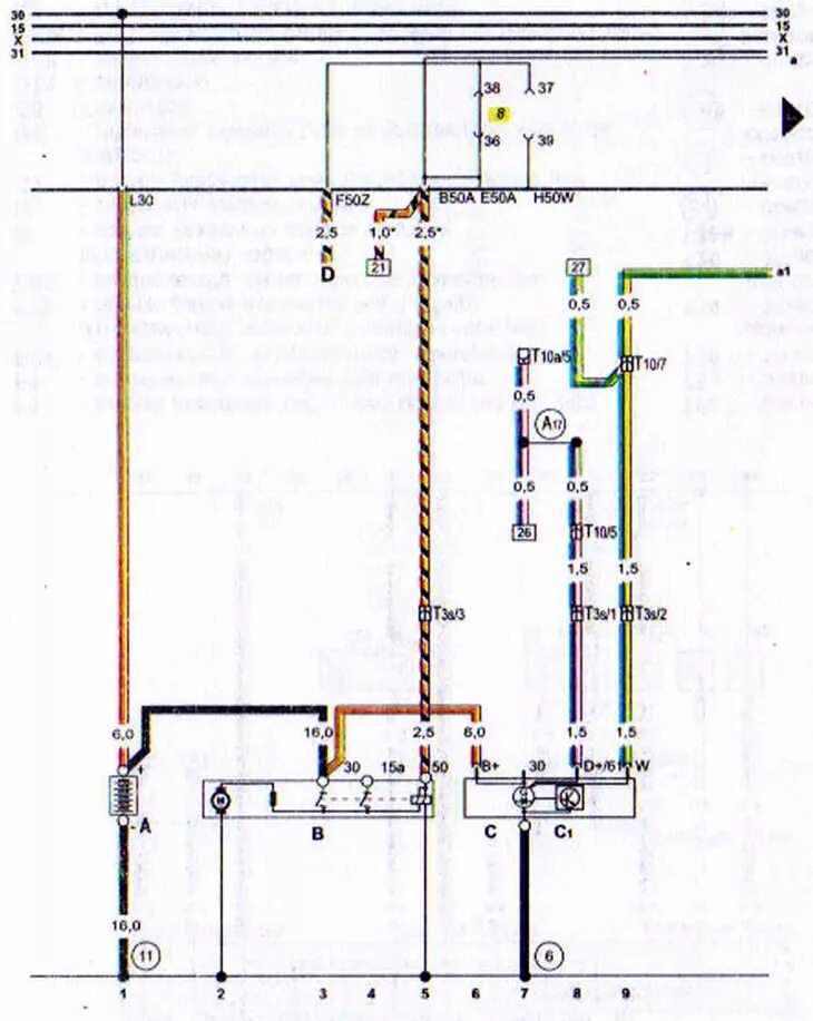 Подключение генератора ауди 80 Wiring diagram of the battery, starter, generator (Audi 80 B4, 1991-1996 / Elect