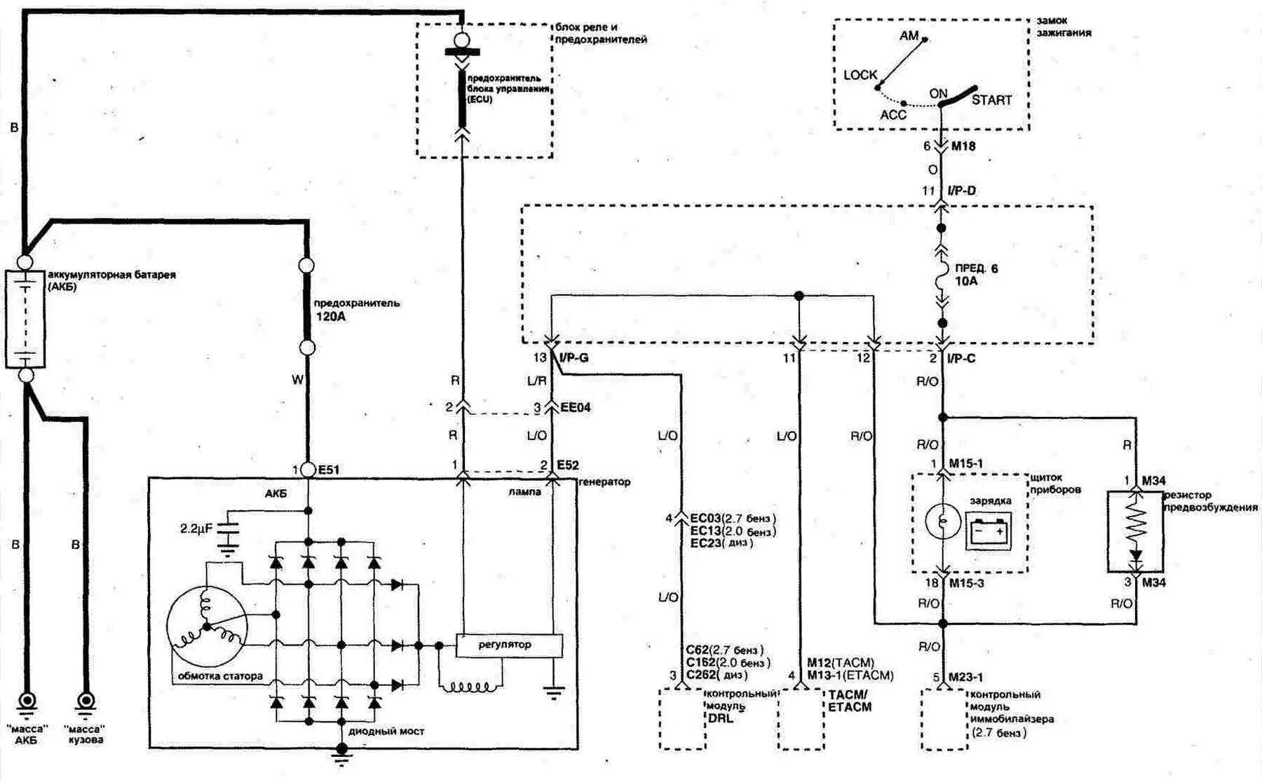 Подключение генератора хендай Электрасхема сістэмы зарада акумулятара (Hyundai Tucson 1 2005-2010: Электраабст