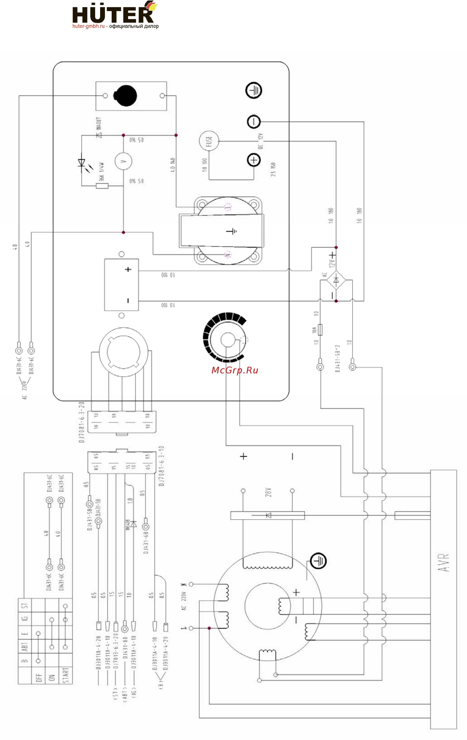 Подключение генератора huter Huter DY6500LXW 26/40 Схема электрическая принципиальная