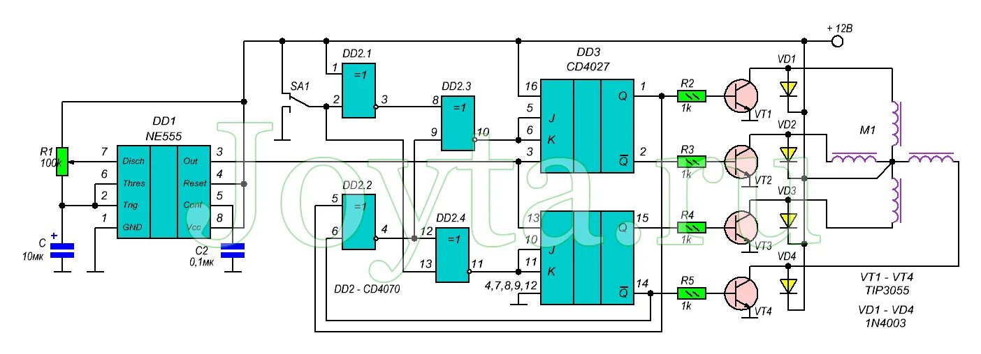 Подключение генератора импульсов к драйверу контроллеру 7tpsm4220 Запускаем шаговый двигатель при помощи таймера NE555 Драйвер, Электронная схема,