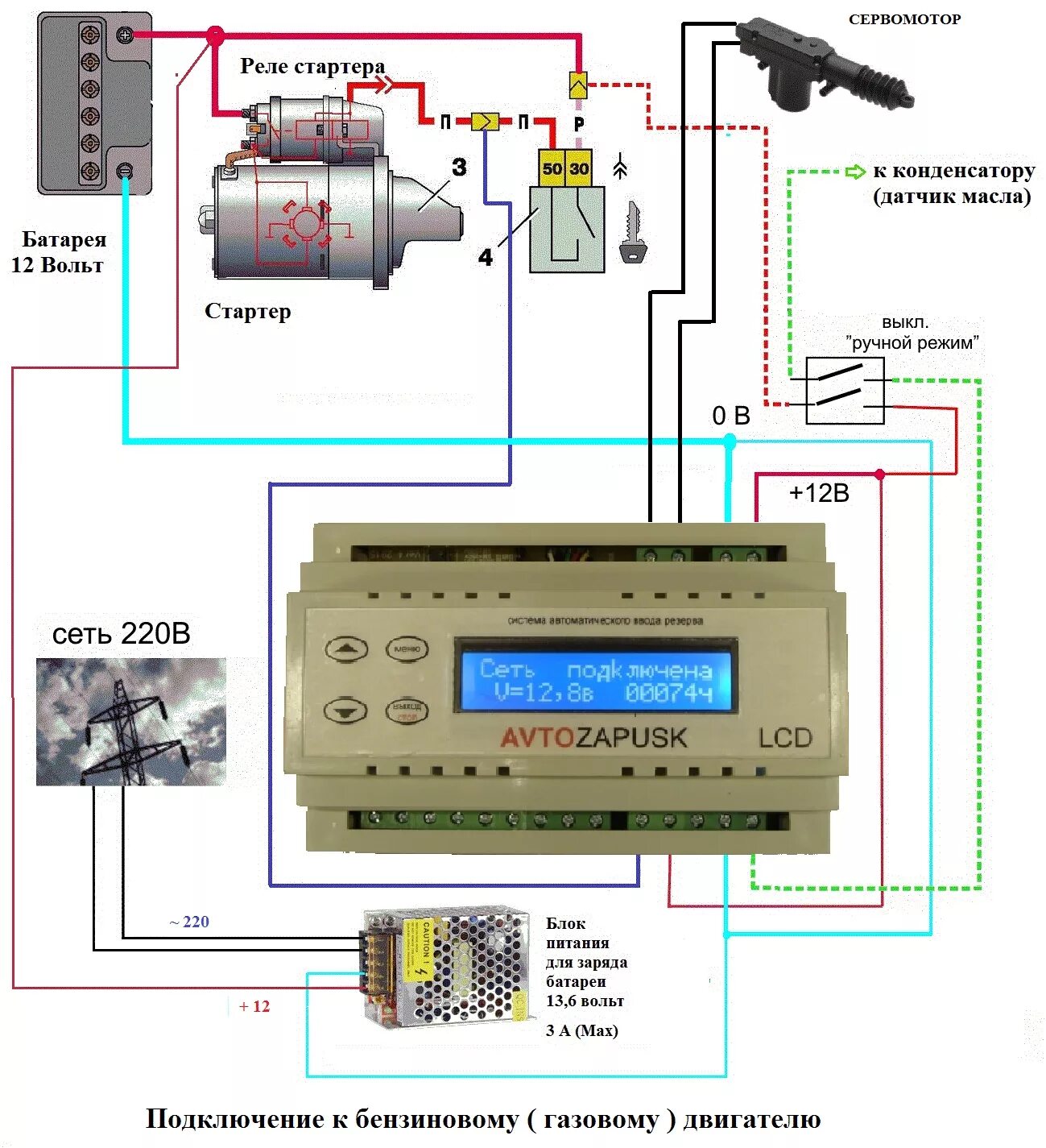 Подключение генератора с автозапуском и блоком авр Автозапуск "UPS plus LCD"