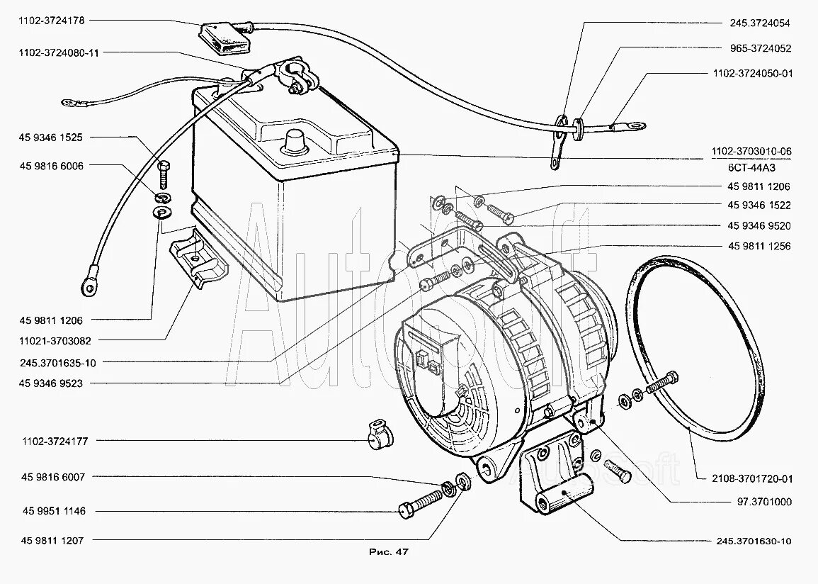 Подключение генератора таврия Аккумуляторная батарея и генератор ЗАЗ-1102 (Таврия Нова) (Чертеж № 121: список 