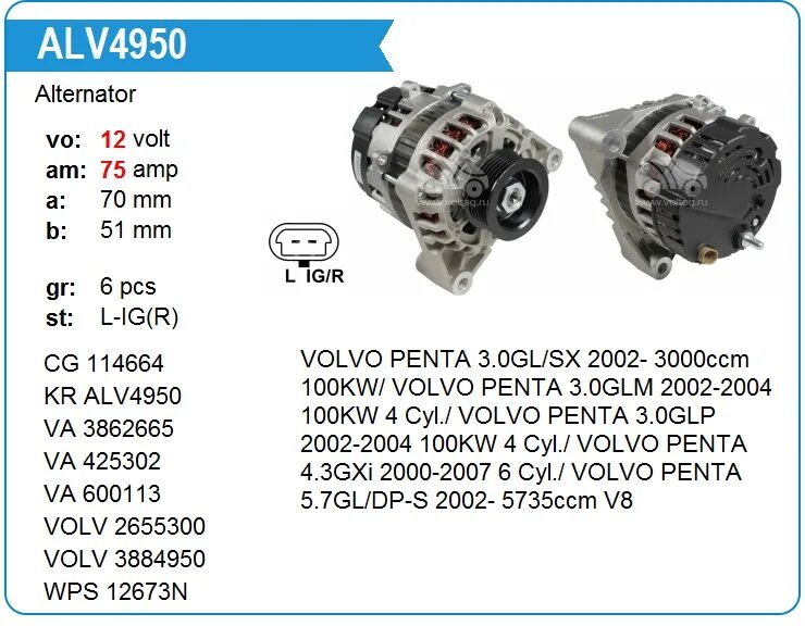 Подключение генератора вольво Купить Генератор ALV4950 для VOLVO PENTA 3.0GL/SX 2002-3000ccm 100KW/VOLVO PENTA