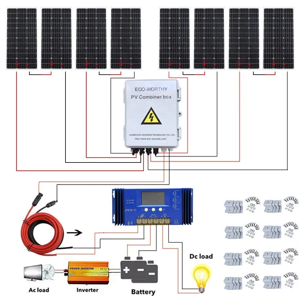 Подключение гибридного инвертора к солнечным панелям ECOworthy 800W Off Grid Complete Solar Panel Systems + 4 String Combiner PV Box 