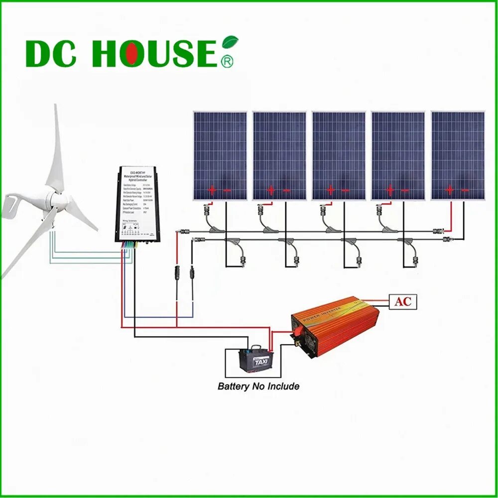 Подключение гибридного инвертора к солнечным панелям DC HOUSE 400W Wind Turbine Generator 5pcs 100W Solar Panel 1KW Pure Sine Wave In