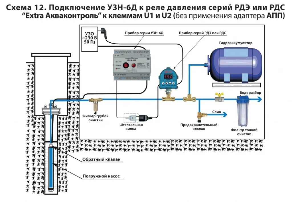 Подключение гидроаккумулятора без реле давления УЗН-4Д-1.5С Устройство защиты скважинного насоса с плавным пуском (6036002430) к