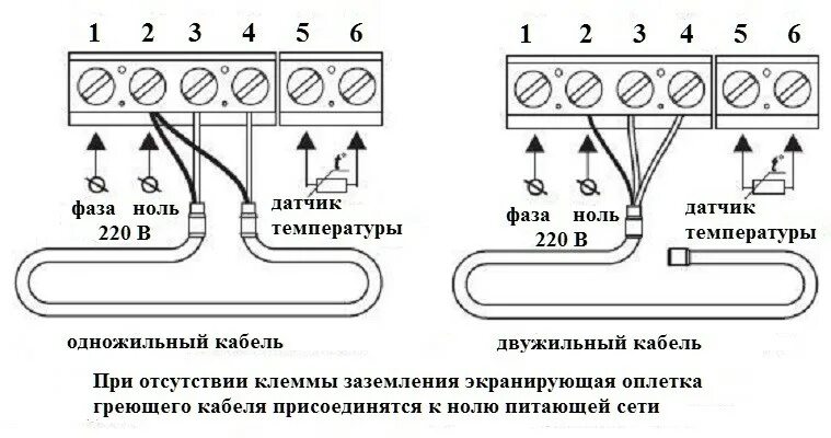 Подключение греющего кабеля через терморегулятор Подключение терморегулятора