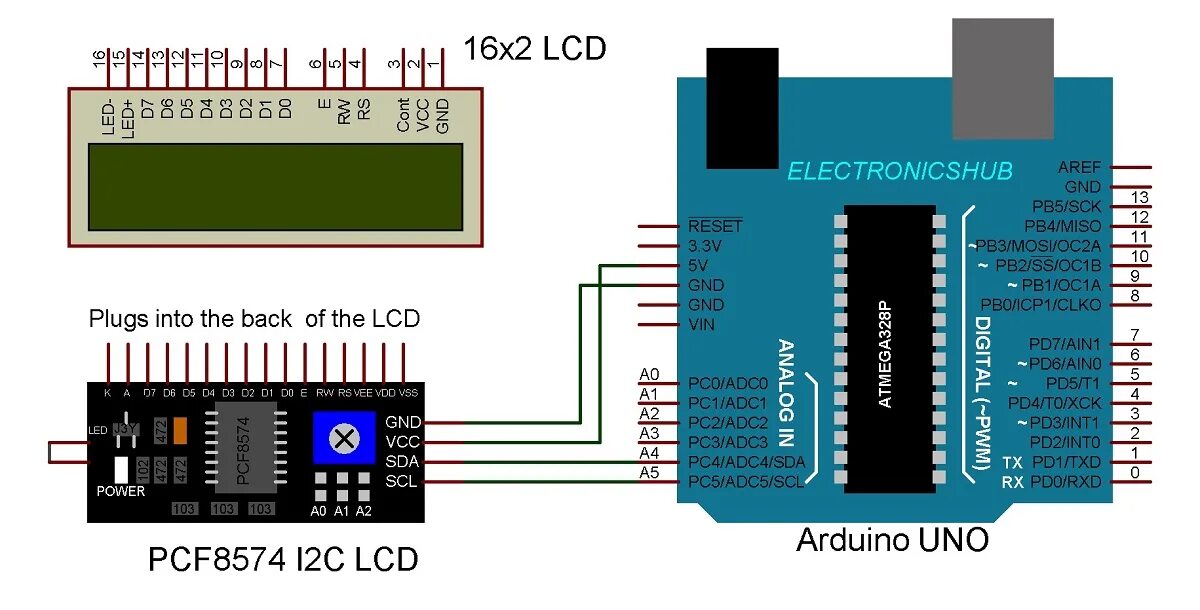 Подключение hd44870 по 4 i2c How to Connect PCF8574 I2C LCD with Arduino? - ElectronicsHub