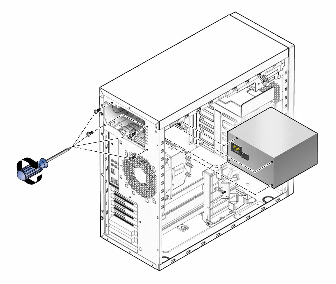 Подключение и установка блока питания To Replace the Power Supply (Sun Ultra 27 Workstation Service Manual)