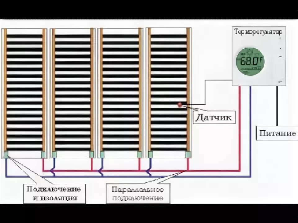 Подключение ик теплого пола Как подключить параллельно несколько кусков теплых полов через терморегулятор - 