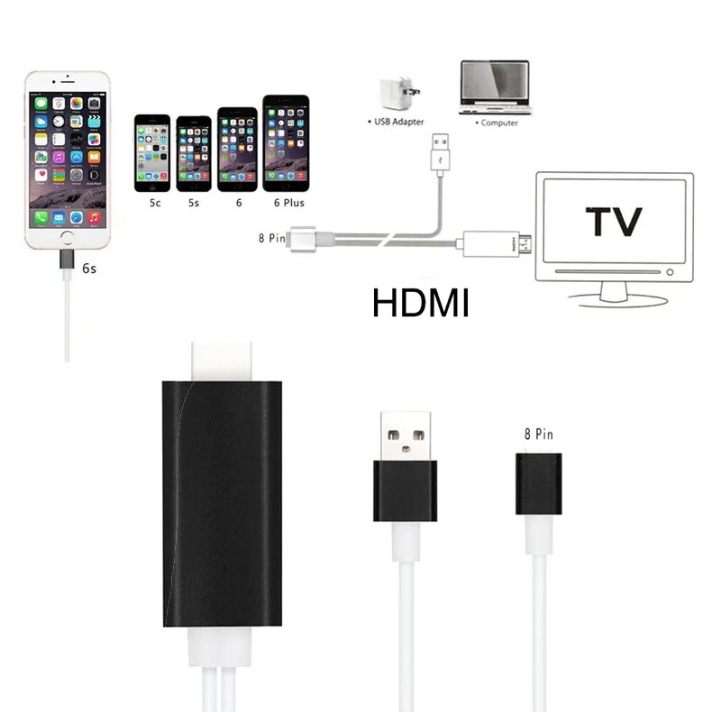 Подключение ipad к телевизору через hdmi 10pcs/lot Hi Q 8pin and USB to Male HDMI Cable FullHD 1080p HDTV Adapter For iPh