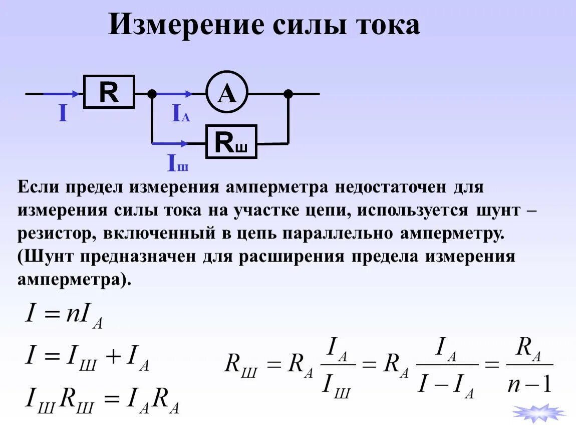 Подключение к амперметру шунта сопротивлением 10 "Характеристики тока", 11 класс