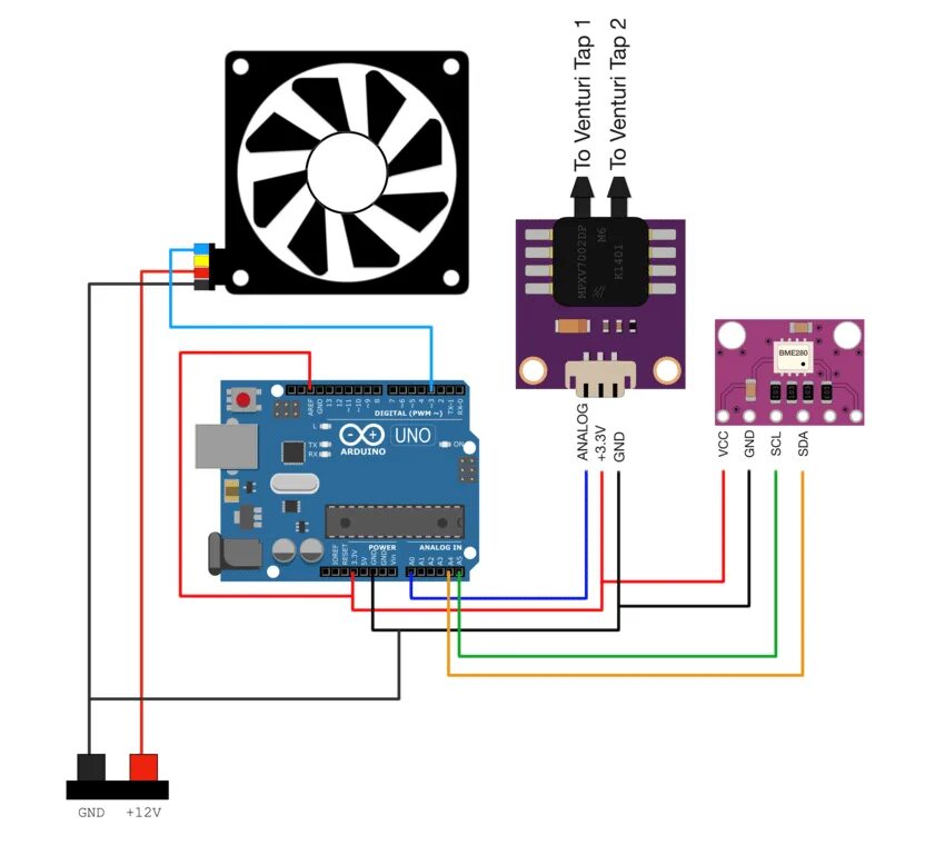 Подключение к arduino вентилятора c датчиком температуры Wiring between Arduino and the 12V DC fan, BME280, MPXV7002DP and the... Downloa