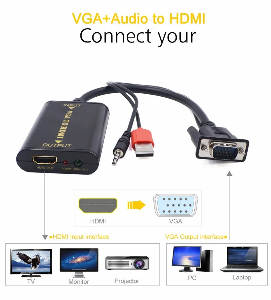 Подключение к компьютеру vga hdmi Wholesale AOEYOO VGA To HDMI Converter With Audio Cable VGA to HDMI Adapter for 