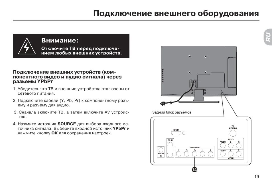 Подключение к телевизору haier Подключение внешнего оборудования, Внимание Инструкция по эксплуатации haier LE2