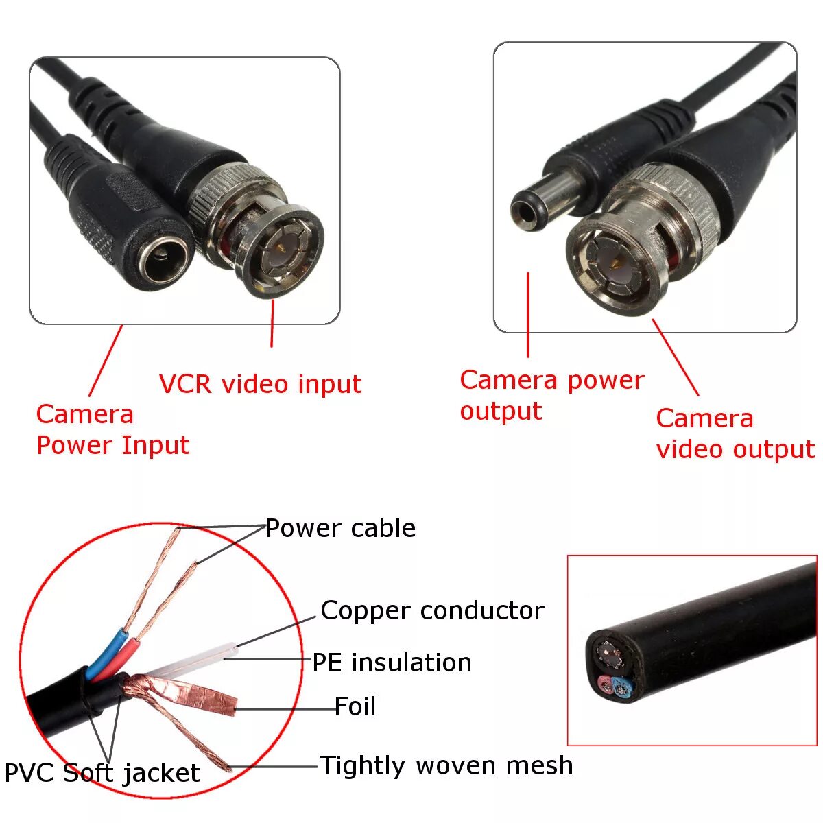 Подключение камеры через кабель 65Ft 20M Security Camera Cable Video Power Extension Wire CCTV DVR BNC - Electro