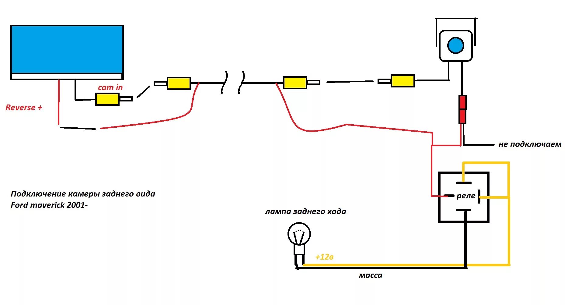 Подключение камеры заднего вида через реле Подключение камеры заднего вида (не обычно) - Ford Maverick II, 2 л, 2002 года с