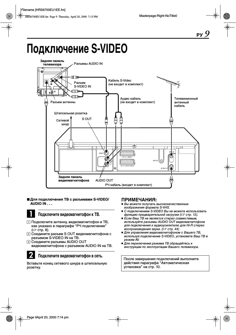 Подключение кассетного видеомагнитофона к телевизору JVC HR-S6711EU: Instruction manual and user guide in Russian